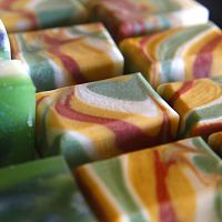 Image of Kerri Mixon's soap on the shelves of her soap shop in Lemon Grove, California.