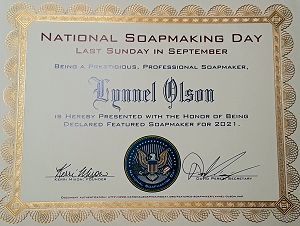Image of the Featured Soapmaker certificate awarded to Lynnel Olson.