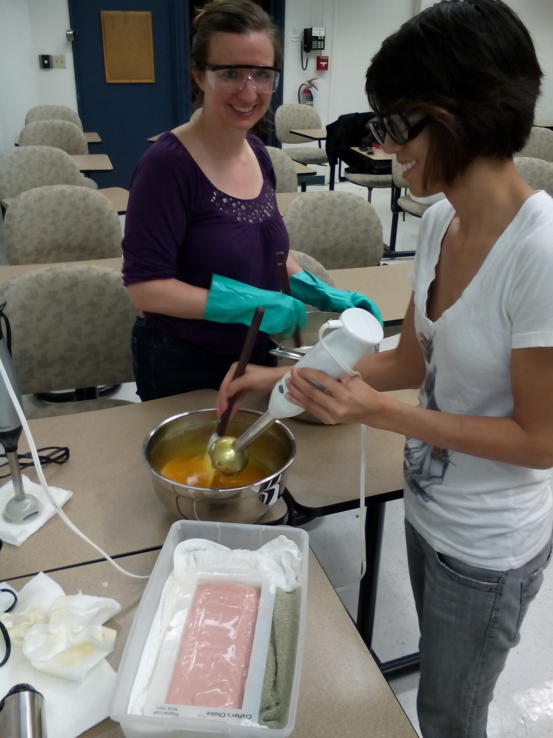 Students in a community college soapmaking class, taught by Mixon.